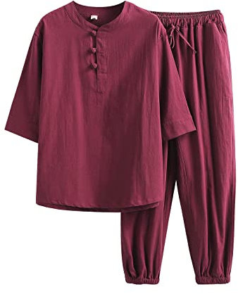 Darringls Kung Fu Herren Leinen Anzug Einfarbig 2 Teiliges Jacke und Hose Traditionelle Chinesische Kampfkunst Tai Chi Qigong Wing Chun Shaolin Wushu Uniform Lange Ärmel Training Freizeit Kleidung