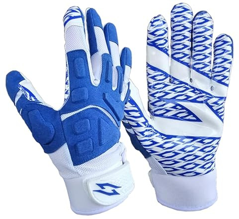 Scale Wear Design White Stealth Football Lineman Gloves with Tach Grip Silicone Palms. Adult Men's Youth Boys Sticky Lineman Wide Receiver Flag Football Boost Your Game (Adult-Medium, White-Blue)