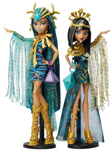 Monster High-Puppen, Mummy Majesties Cleo und Nefera De Nile Sammelfiguren im Doppelpack mit goldenen Accessoires und Premium-Kleidung, HXJ01