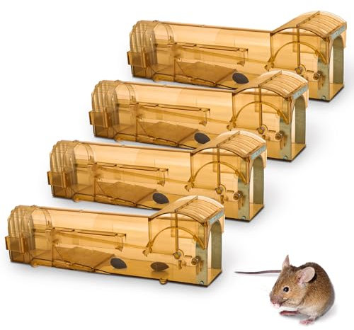 KEPLIN Humane Mouse Trap – Indoor & Outdoor No-Kill Mouse Traps | Safe, Pet & Child-Friendly Reusable Mice Catcher | Metal-Reinforced, Touch-Free Humane Mousetrap for Home & Garage (4 Pack, Brown)