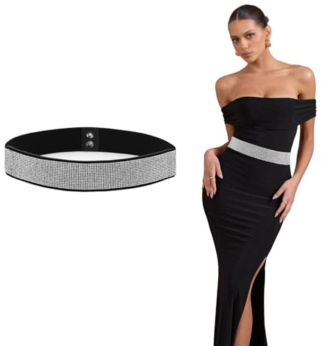 Erzekrim Cinturón Elástico de Diamantes de Imitación de Cristal Brillante, Cinturón Elástico de Piel Sintética Cinturón de Vestido Elástico para Mujer