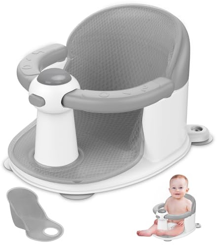 TOSGN Baby baddstol, babybadkarssäten för bebisar som sitter upp i åldrarna 6–24 månader, spädbarn badsits med sugkoppar och surrounddesign, småbarn badsits med mjuk skyddskudde, grå