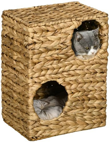 PawHut Kratztonne, 55 cm Hoch Katzentonne mit 2 Höhle, Waschbaren Kissen, Kratzbaum, Katzenturm aus Wasserhyazinthe, Hellbraun