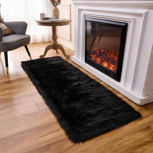 Arbosofe Ultra Soft Faux Fur Rug, Area Rugs, Black Fluffy Shaggy Fur Rug for Bedroom & Living Room, Kids Room Decor, 2 x 6 Feet Rectangular