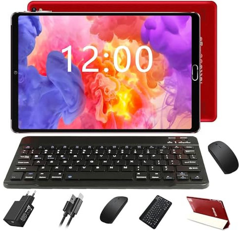 GOODTEL 2025 Tablet Android da 10 pollici | Doppia fotocamera 5 + 8 Megapixel | Bluetooth | WiFi | MicroSD 4-256 GB, Tipo C, OTG con custodia, tastiera e mouse - Rosso
