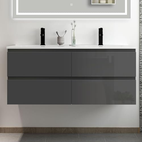 Acezanble Meuble Salle de Bain 120cm Anthracite Brillant avec 4 tiroirs à Fermeture Automatique et Double lavabo céramique