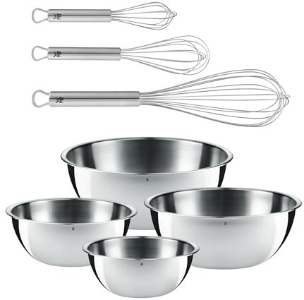 WMF Set 2-teilig Gourmet Schüsselset 4-teilig, Edelstahl Schüsseln für die Küche 0,75l - 2,75l Rührschüsseln und Profi Plus Schneebesen Set 3-teilig, Schneebesen Edelstahl teilmattiert, Rührbesen