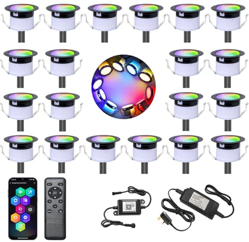 GEYUEYA Home Smart LED Decking Lights RGBW+IC Color Change Deck Light Waterproof IP67 Ø45MM 12V LED Plinth Lights with Remote Control for Terrace/Patio/Festival/Decoration - 20 Pack