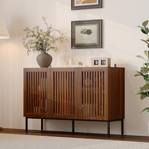 PREMTURE Sideboard with 3 Slatted Doors, Buffet Storage Cabinet with Adjustable Shelves, Wooden Storage Cabinet for Living Room Dining Room, Walnut Finish, 39 D x 120 W x 80 H cm