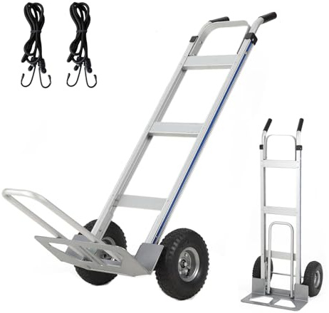 Aluminum Hand Truck Dolly Cart,600 LBS Capacity,Heavy Duty Dolly with Extendable Base Plate,10 Pneumatic Tire & 2 Elastic Cords,Platform Hand Cart for Transport & Moving in Warehouse, Supermarket