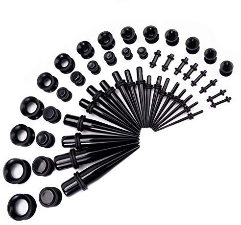 LLGL-EU Ohr-Stretching-Kit 50 Stück 14G-00G Ohr Messgeräte Expander Set Acryl Verjünger und Stecker & Silikon Tunnel Piercing-Schmuck-Set (Black)