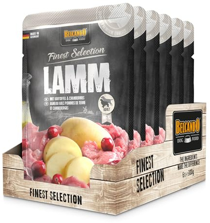 BELCANDO Frischebeutel [6x300g Lamm mit Kartoffel & Cranberries] | Nassfutter für Hunde | Feuchtfutter Alleinfutter im Einzelportionsbeutel