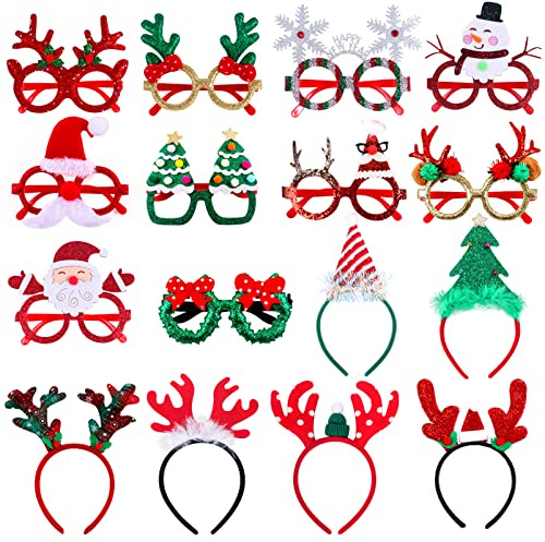 Atonofun Christmas Party Favors, 16 Pcs Glittered Headbands and Glasses Frames Set With Assorted Design for Party Supplies, Gifts for Adults Kids