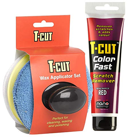 T-Cut Colour Fast Red Car Wax Polish Scratch Remover Colour Enhancer - 150g plus a Wax Applicator Set with Handle * 6 Colours Available