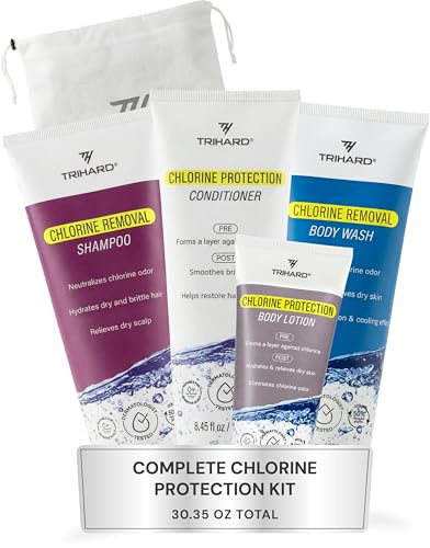TRIHARD Chlorine Defense Gift Set for Hair & Skin Swim Protection | Pre & Post Swim Shampoo, Conditioner, Body Wash, & Lotion | Summer Essentials to Cleanse & Hydrate Sensitive Skin After Pool & Ocean