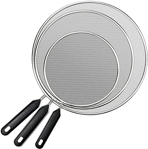 3 Pieces Grease Splatter Guard, Mesh Splatter Screen with Heat Resistant Handle, 7.48 9.84 11.42 Stainless Steel Splash Guard with Knob for Cooking & Frying