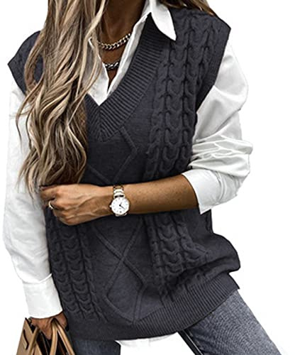 Niwicee Sweater Vest Knitted Sleeveless Jumpers Tank Top Streetwear Knitwear Plaid Pullovers Sweatshirts Oversized V Neck Cable Knit Vintage Retro Stylish Spring Autumn Winter Chunky Women