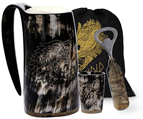Fenrir - Taza grande de cuerno vikingo para hidromiel, cerveza y cerveza, taza medieval original de 16 oz con vaso de chupito y bolsa de regalo con abridor, juego de 3 piezas