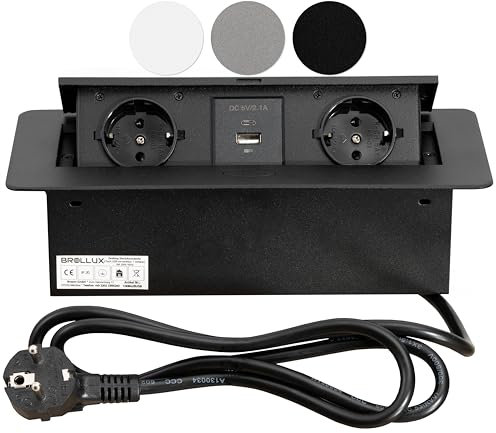 BROLLUX Einbausteckdose versenkbar 2fach mit USB/USBC Schwarz mit Softöffnung Aluminium Spritzguss 1,5m Anschlusskabel Steckdose