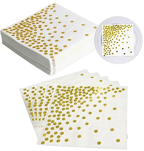 Servietten Gold Dots, 80 Stück 2 lagig Golden Foiled Papierservietten Paper Napkins, Weiße Serviette mit Goldenen Punkten für Deko Party,Geburtstag, Hochzeit und Feiertagsfeier 33 x 33 cm