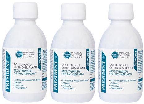 President KIT 3 COLLUTORIO ORTHO-IMPLANT per portatori di apparecchi ortodontici, impianti dentali e protesi. Antibatterico, contrasta la formazione della placca e le infiammazioni gengivali. 3X200ml