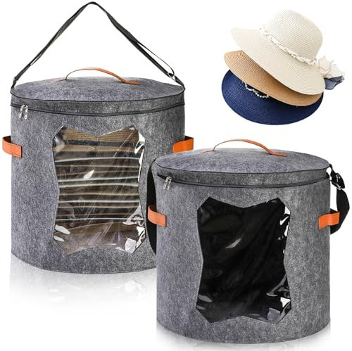 Yopay 2 Pack Hat Boxes for Women Storage, Oversized Round Travel Hat Container with Dust Proof Lid Window, Foldable Stuffed Toys Clothes Hats Storage Organizer Bag Bin, Adjustable Shoulder Strap