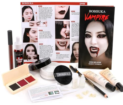 Halloween Vampire Makeup Kit, Complete Vampire SFX Make Up Set with Vampire Teeth Fangs, Fake Blood and White Foundation for Cosplay, Costume Party, Stage, Movies & Theater