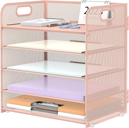 SUPTIDY 5 Trays Paper Organiser Letter Tray with Handle-Mesh Desk File Organiser, A4 Paper Sorter Desk Organiser for Office, Home or School, Pink