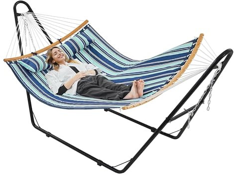 Yaheetech Hängematte mit Gestell & Kissen, Doppelhängematte bis 215 KG Belastbar XXL Hängematte für 2-3 Personen, Garten Balkon Terrasse, Blauer Streifen