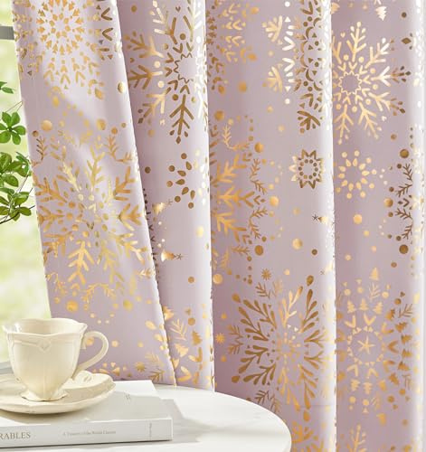 Pink Gold Blackout Curtains for Girl's Room Snowflake Print Curtain Drapes for Christmas Holiday Modern Sparking Thermal Window Curtains for Winter Bedroom Living Room 54inch 2 Panels Grommet Top
