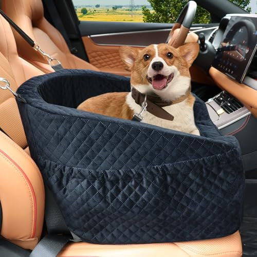 Vivifying Dog Car Seat, Memory Foam Dog Booster Seat for Small Up to 10KG, Detachable and Washable, Height Elevated with Storage Pockets (Black)