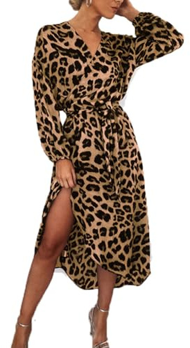BSLVWG Abito midi da donna sexy con stampa leopardata a maniche lunghe con cravatta avvolgente per donne con scollo a V abito casual da donna autunno inverno, marrone, XL