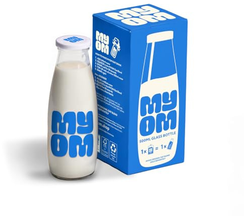 MYOM - Glass Milk Bottle 500ml – Reusable Glass Milk Storage Bottle with Lid – Dishwasher Safe - Empty Milk Container for Oat Milk, Dairy & Plant Based Drinks