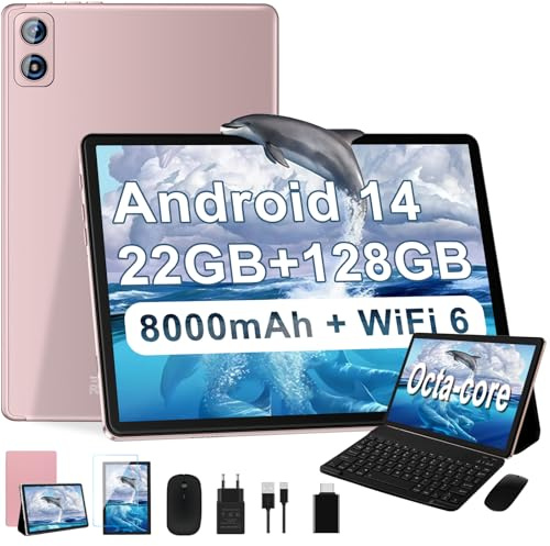 Dghrti Tablet 2025 Nouvelle 10 Pouces Android 14, 22Go+128Go ROM, 8000mAh, Octa-Core, WiFi 5G+2.4G, 5+8MP, BT5.0, Widevine L1/GMS Certified, Tablette Tactile avec Clavier Souris - Gold