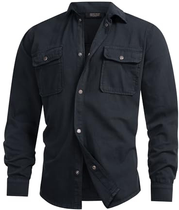 Indicode Herren INCooplon Jeans-Hemd mit 2 Brust-Taschen aus 100% Baumwolle | Herrenhemd für Männer Black, L
