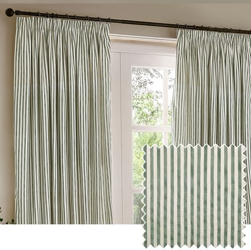 Yard Hebden Pencil Pleat Curtain Pair – Ultra Soft Cotton Lined Striped Curtains (Forest - 117x183cm)