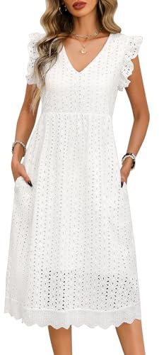 UMIPUBO Womens Summer Dress V Neck Ruffle Sleeve Midi Dress with Pockets Zippers Ladies Cotton Beach Boho Sundress Casual Travel Holiday (White, L)