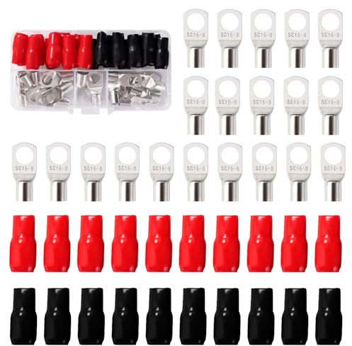 YIXISI 40 ST M8 SC16-8 AWG6 Ringterminaler Set, Rörformade Batterikabeländar, Koppartrådterminaler, med Isoleringshylsor, för Elkabel, Silver