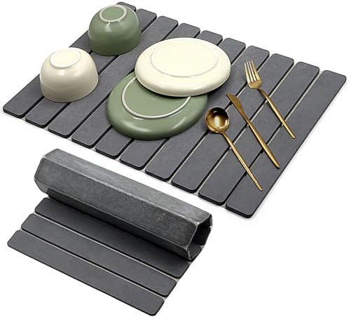 Alfombrilla Escurreplatos - Alfombra Escurreplatos Plegable para Fregadero Escurridor de Platos Absorbente Piedra de Alta Absorción y Secado Rápido para Cocina (Gris Oscuro, 60x40cm)