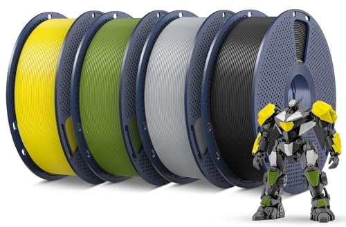 SUNLU PETG 1,75 mm Filament lot de 4 kg, moins d'étirement et bonne adhérence des couches, emballé individuellement sous vide, 1 kg par bobine, 4 couleurs, noir + vert olive + argent + jaune.