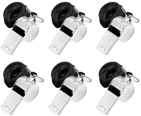 Aihoom 6 Pack Stainless Steel Whistle, Metal Referee Whistle with 45cm Lanyard, Loud Crisp Sound Whistles for Outdoor Activities, Football, Basketball, Coaches, Referees, Lifeguards, Emergency
