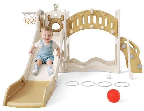 8 in 1 Kids Slide,Toddler Slide Freestanding with Basketball Hoop,Toddler Climber, with Corridor, Telescope,Baby Slide Playground Equipment, Garden Slide for in/outdoor use (Khaki-Active)