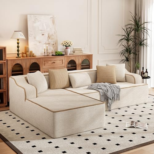 PHI VILLA Modular Boneless Couch, L-Shaped 3 Seater Cloud Sofa for Living Room, Foam Compressed Corner Sectional Sofas with Deep Seat and 5 Pillows, No Assembly Required, Corduroy Beige