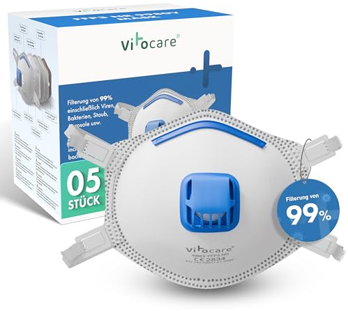 vitocare 5x FFP3 Maske mit Ventil, Atemschutzmaske mit verstellbarem Nasenbügel, Staubmaske mit ergonomischer Form, Mundschutz mit Aerosol Mikrofilter, Staubschutzmaske, Atemmaske (5)