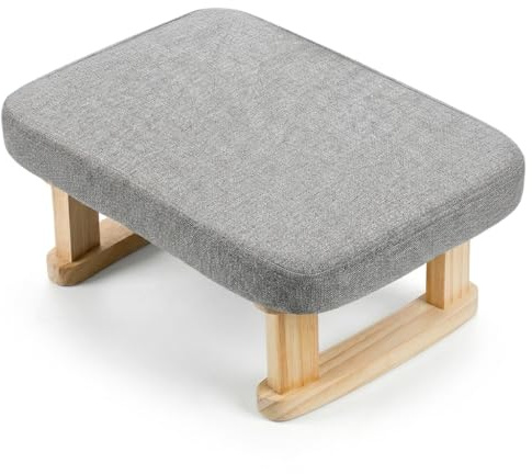 Foot Stool, Linen Pouffe Footstool with Removable Cover and Wooden Legs | Small Ottoman and Under-Desk Footrest for Living Room, Bedroom and Office (Light Gray)