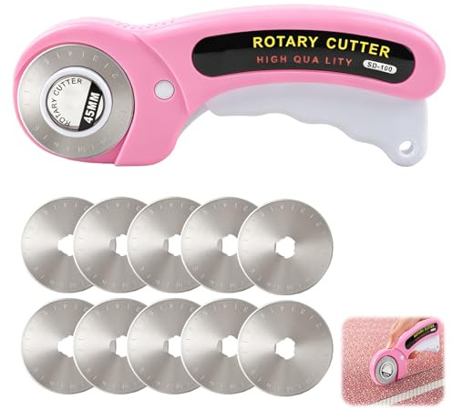 45mm Pink Rotary Cutter with 10 Extra Blades, Ergonomic Fabric Cutter Wheel with Safety Lock for Precise Cutting, Rotary Fabric Cutter for Quilting, Leather, Sewing and Crafting Projects
