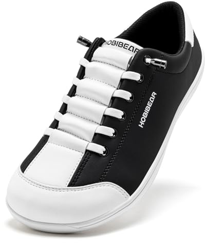 HOBIBEAR Barefoot Shoes for Men and Women Zero Drop Wide Leather Minimalist Trail Running Walking Shoes, black white, 6 UK