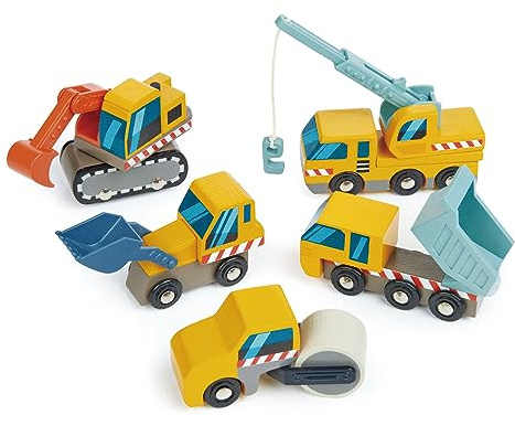 Tender Leaf Toys - Construction Site - Four Heavy Vehicles with Crane Truck, Road Roller, Dump Truck and Front Loader - Build Your Own Construction Site and Develops Fine Motor Skills for Children 3+