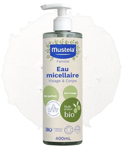 Mustela Agua Micelar BIO, Aceite de Oliva y Aloe Vera, Cara, Cambio de Pañal, Maquillaje, Bebé, Toda la Familia - Limpia suavemente sin aclarar, 99% Ingredientes de Origen Natural (400ml)