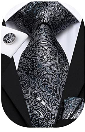 Hi-Tie Herren Krawatte Schwarz Paisley/Plaid/Streifen/Einfarbig Krawatten Set Einstecktuch Manschettenknöpfe Business Formal Hochzeit Meeting Geschenkbox,schwarz graues Paisley